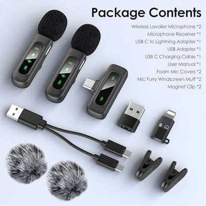 HEHOTTC USB C Mini Wireless Lavalier Microphone for iPhone/Android,Lapel Mic with Magnetic Clip-on for Record Video，Lav Mic with LED Display Podcast Vlog Content Creator Interview