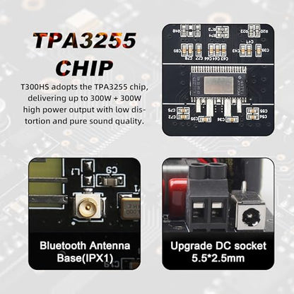 T300HS Amplifier Board with Treble and Bass Control, DC 9-24V, BT and AUX Inputs, 2.0 Channel Stereo AMP Board for DIY Wireless Speakers, Password Free - color: T300HS (Black1)