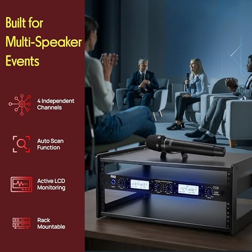 Pyle 4 Channel Wireless Microphone System with 4 Handheld Wireless Mics, UHF Cordless Microphones with Selectable Frequencies, Rack Mount Receiver for Karaoke, Church, DJ, Singing & PA Systems - style: 4-Channel Handheld