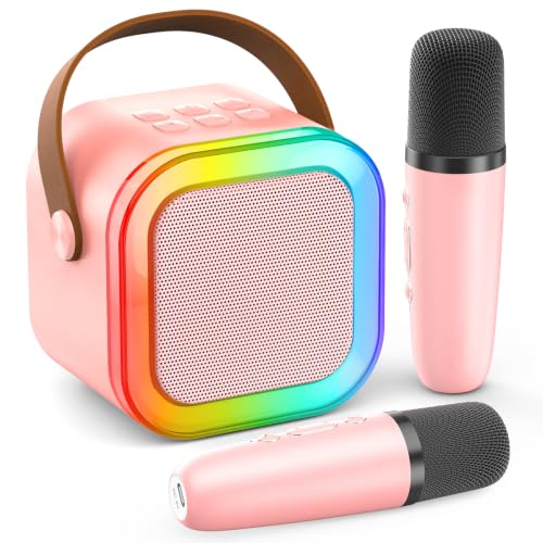 Mini Karaoke Machine, Portable Bluetooth Speaker & 2 Wireless Microphones | Karaoke Player Karaoke Microphone For Family Home Party Outdoor With HI-FI Sound | 5 Magic Sound | PA System | USB | TF | AUX - color: Pink