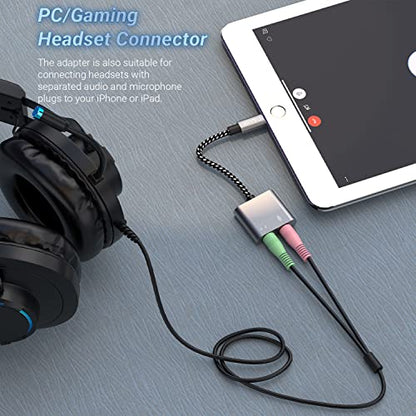 Cubilux Lightning to 3.5mm TRS Microphone Adapter with Headphone Jack Compatible with iPhone 14 Pro Max 14 Plus/13/12/11/SE 2/Xr/Xs Max/8/7, 1/8” Audio & MIC Splitter for Old iPad (Lightning Version) - color: MIC & Headphone Jacks, Grey