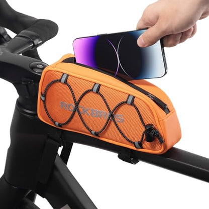 ROCKBROS Top Tube Bike Bag Narrow Slim Design Lightweight Portable | Adjustable Straps,2 Inner Net Pockets,Elastic Rope,Reflective, Compatible with iPhone 14/13/12 Pro Galaxy S22/S21,Road MTB - color: STYLE 4