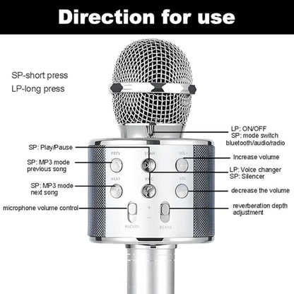 Wireless Bluetooth Karaoke Microphone Portable Handheld Mic Speaker 3-in-1 for All Smartphones Gifts Silver