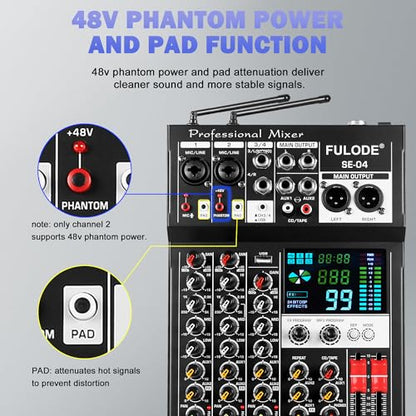 Audio Mixer, 4 Channel Sound Mixing Board With Dual Wireless Microphone & 99DSP, Professional DJ Console W/ MP3 Bluetooth 48V Phantom Power PAD USB Interface for Recording Home Karaoke Live Streaming