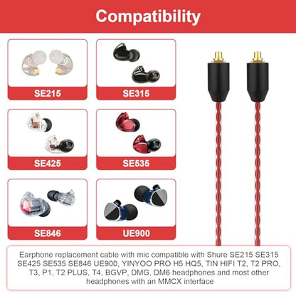 MMCX Cable with Mic Compatible with Shure SE215, SE215 Pro, SE315, SE425, SE535, SE846, AONIC 4, AONIC 5 Earphones for Calls, Voice Prompts, Volume/Playback Control on Apple & Android