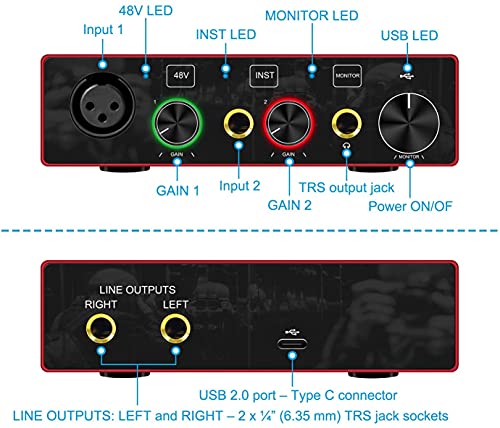 Audio Interface USB Audio Interface with Mic Preamplifier USB Audio Mixer Recorder with 48V Phantom Power, 24 Bit, Support Tablet, Computers and Other Equipment Recording （NO DAW Software included）
