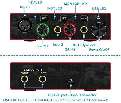Audio Interface USB Audio Interface with Mic Preamplifier USB Audio Mixer Recorder with 48V Phantom Power, 24 Bit, Support Tablet, Computers and Other Equipment Recording （NO DAW Software included）