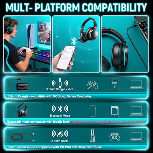 MD33 Wireless Gaming Headset with Mic for Xbox Series X|S Xbox One PS5 PC | 60H Playtime, Bluetooth Headphones with Low Latency, 3D Surround Sound, Noise Canceling Mic - color: Black