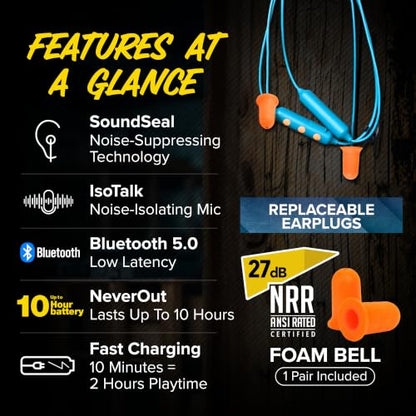Plugfones Basic Pro Bluetooth Earplug Headphones for Work, OSHA Compliant | 25dB NRR Hearing Protection Earplugs, Wireless Safety Earbuds, Noise Isolating Mic, Construction, Warehouse, Blue & Yellow - color: Blue, Orange