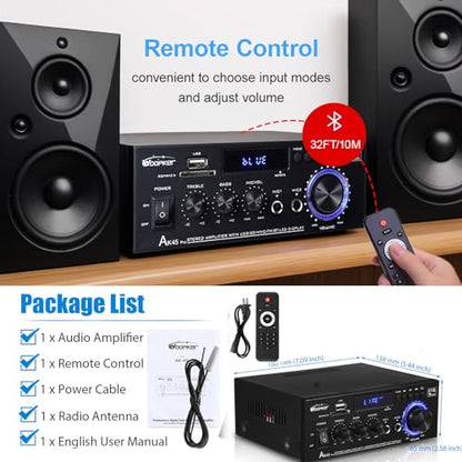AK45 Pro Stereo Amplifier Home Audio, Stereo Receivers with Bluetooth 5.0,Max 400W, 2.0 Channel Audio Receiver for Home Theater Speakers w/USB/SD/RCA/2 MIC in for Karaok - size: AK45 pro