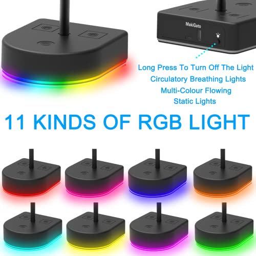 RGB Dual Headphone Stand with USB Charging Port, Desk Gaming Double Headset Holder，Durable Hanger Rack-Suitable for Desktop Table, Game, DJ, Earphone, PC, PS4, PS5, Xbox Gamer Accessories