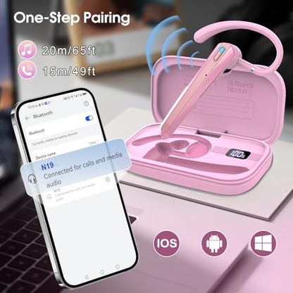 Bluetooth Headset V5.3, Wireless Headset with ENC Noise Canceling Mic | 120Hrs Talk Single-Ear Bluetooth Earpiece, LED Display, IP7 Waterproof Hand-Free Earphone for Business/Trucker, Pink - color: Pink