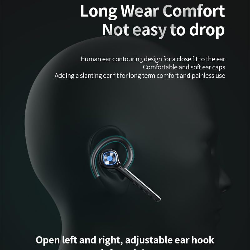 IHAO Wireless Bluetooth Earpiece Headphone Dual Noise Cancelling Mic Painless Open-Ear Handsfree Headset Stereo Sound Left/Right Changeable Earhook Earphones for Driving/Business/Gym - color: Single Ear Black