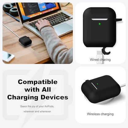 for AirPods 2nd/1st Case Silicone Cover, Black | Compatible with Apple AirPods 2nd/1st (2019/2016) Generation with Keychain & Cleaner Kit, Wireless Charging Compatible - color: Black