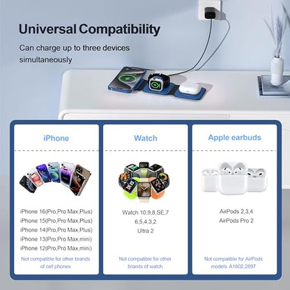 3 in 1 Charging Station for Multple Devices,Foldable 3 in 1 Wireless Charger for Travel,Nano Wireless Charging Station for iPhone16 15 14 13 12 Pro Max/Watch 10 9 8 7 6 5 4 3 Ultra/AirPod Pro - color: Blue