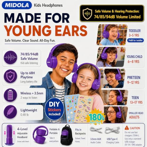 Kids Bluetooth Headphones Wireless 68 Hours,Safe Volume Limit 85/94dB | Adjustable Headband Foldable Over-Ear Lightweight Headsets for Toddler Girls Boys Tablet/iPad,HD Stereo,Built-in Mic,Purple - color: Purple