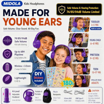 Kids Bluetooth Headphones Wireless 68 Hours,Safe Volume Limit 85/94dB | Adjustable Headband Foldable Over-Ear Lightweight Headsets for Toddler Girls Boys Tablet/iPad,HD Stereo,Built-in Mic,Purple - color: Purple