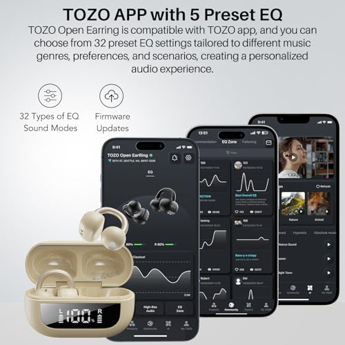 TOZO OpenEarRing Open Ear Earbuds 40H Bluetooth 5.4 Lightweight Comfort | Open Ear Clip On Wireless Earbuds with Smart Digital LED Display, Stable Connection, Secure Fit for Driving Running Workout - color: Yellow