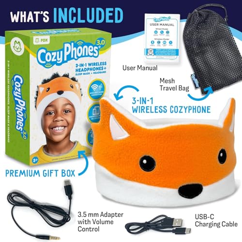 CozyPhones Toddler Headphones Wireless, Kids Bluetooth Earphones, Safe Volume - Wired School Headphones for Kids with 3.5 MM Jack and Travel Bag - Toddler Airplane Accessories for Boys & Girls - Fox - color: FOX WIRELESS