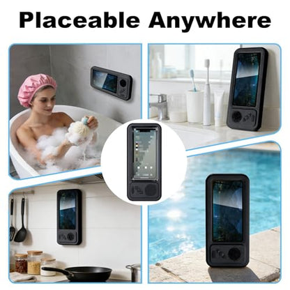 Shower Phones Holder With Speaker, Wall Mount Shower Phone Holder Waterproof, Bathroom Accessories, Waterproof Phone Case, 360° Rotation, Retractable Adjustable Bathroom Case Mount Shelf (Black) - color: Black