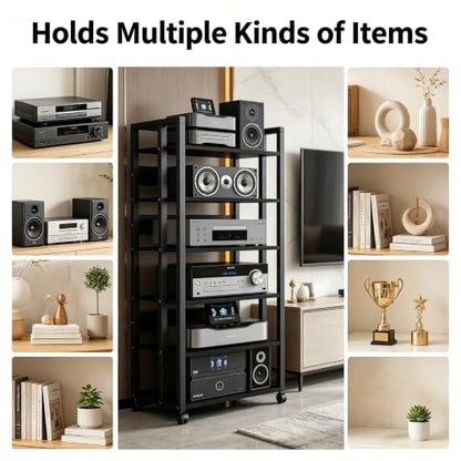 6-Tier AV Media Stand with Wheels, Audio Rack Cabinet | Heavy Duty Adjustable Metal Stereo Cabinet,Home Theater Component Cabinet for Record Player, DVD Player, Streaming Devices