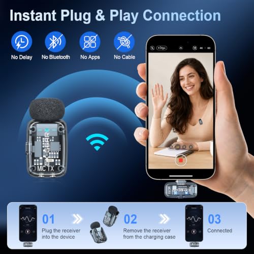 Wireless Lavalier Microphone 3-Level Noise Cancellation for iPhone | Ultralight(5g), Clear Voice, 50M Range, Plug-Play Mini Lav Mic for Android PC, TikTok, YouTube, Video Recording, Black