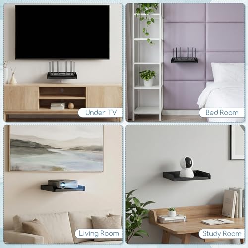 2 Pcs Metal Floating Shelf 12" x 8" Heavy Duty Wall Mounted Shelf | Metal Floating Shelf Deep Display Shelf for TV Components Router Game Console DVD Player Cable Box with Cable Management