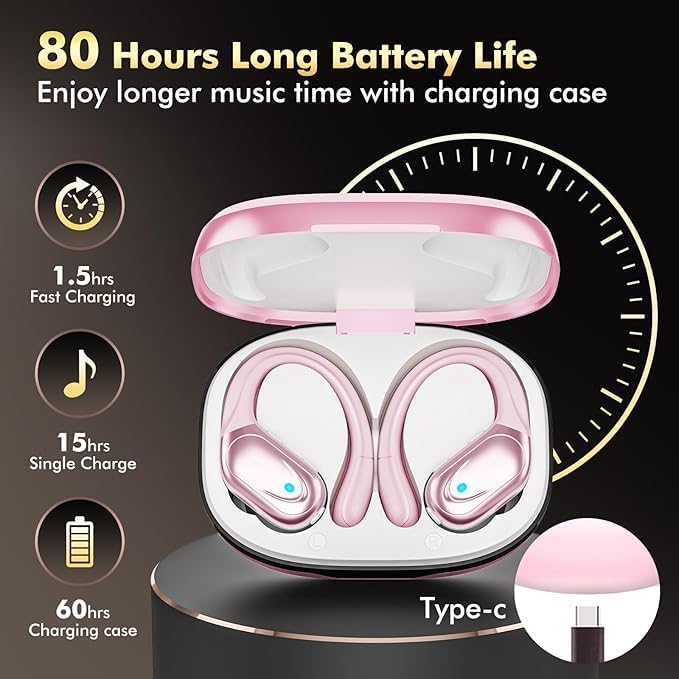 HAOYUYAN Wireless Earbuds, Sports Bluetooth Headphones, 80Hrs Playtime Ear Buds with LED Power Display, Noise Canceling Headset, IPX7 Waterproof Earphones for Workout/Running (Pink) - color: Pink