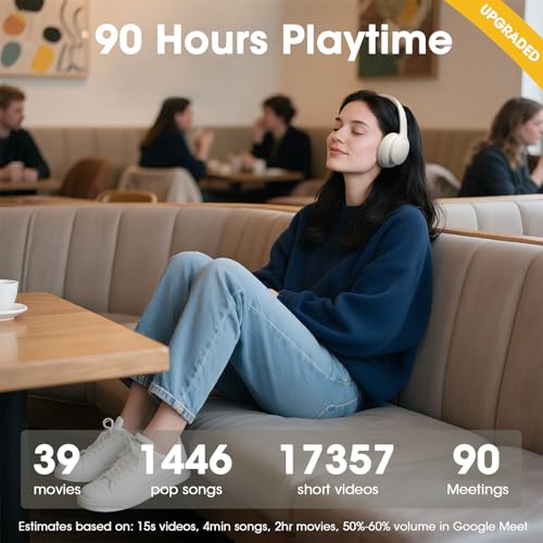 DOQAUS Bluetooth Headphones Over Ear, Headphones Wireless, APP Control | 90H Playtime, 9 EQ Modes, Bluetooth5.4, Hifi Stereo Sound Headphones, ENC Mic, Foldable, for Travel Work Study Phone, Ivory - color: Beige