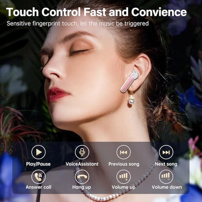 Wireless Earbuds, Bluetooth 5.3 Headphones HiFi Stereo 50H Playback LED Digital Display Ear Buds with ENC Noise Canceling Headset, IPX7 Waterproof Earphones for Gym/Running/Work（Rose Gold） - color: Rose Gold