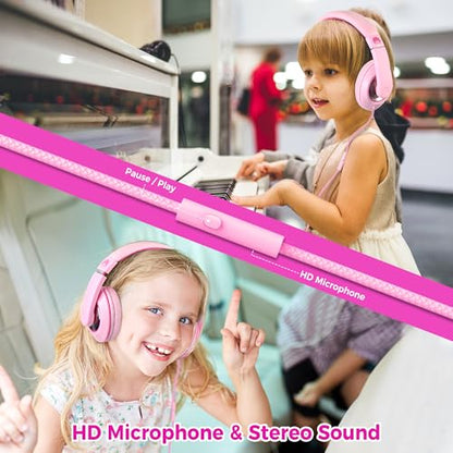 rockpapa Comfort+ Kids Headphones with Microphone, Boys Girls Student Over-Ear Headphones Wired Foldable for School Classroom Laptop PC Computer Tablet Pink - color: Hot Pink