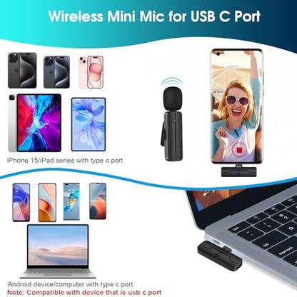 Wireless Lavalier Lapel Microphone for iPhone 15/Android/Computer - Bluetooth Mini Phone Mic for Video Recording, Clip-on USB C Microphones for YouTube Tiktok Podcast Vlog & Livestream