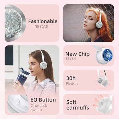 Over Ear Headphones Bluetooth, Active Noise Cancelling, On Ear Headphones, Light Weight Earphones, Comfort Headsets, for Travel Home Office PC (White)