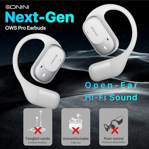 Eonini Open-Ear Earbuds with Earhooks, LED Display Case, Lightweight & Secure Fit, All-Day Comfort, Stay-Aware Design, Clear Calls, 40H Playtime, IPX5 Waterproof Bluetooth 5.3 for Running, Gym - color: White