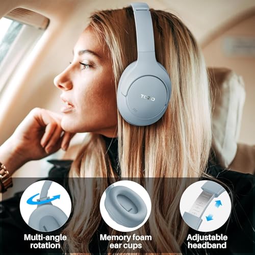 TOZO Hybrid Active Noise Cancelling Headphones, Hi Res Audio | Wireless Over Ear Bluetooth Headset, 60H Playtime, Custom EQ via App Deep Bass Comfort Fit Ear Cups, for Home Office Travel - color: Blue