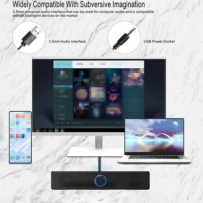USB Wired Desktop Soundbar, Stereo Speaker with Volume Control for PC & Laptop - color: Black