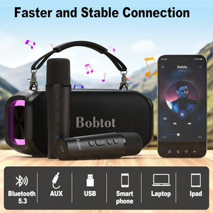 Bobtot Portable Speaker Outdoor Speaker | 2 Wireless Microphones Outdoor Speaker IPX5 Waterproof Speaker with Handle Stereo Loud Sound, Home & Outdoor Party