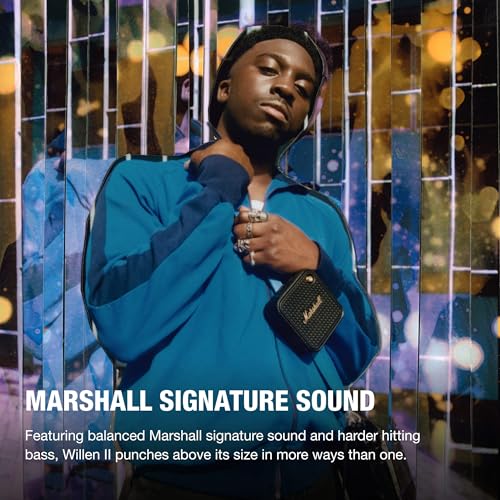 Marshall Willen II Portable Bluetooth Speaker - Rugged Waterproof/Dust-Proof Design | Loud Stereo Sound, Deep Bass | Compact and Wireless for Travel and Outdoors - Black and Brass - color: Black