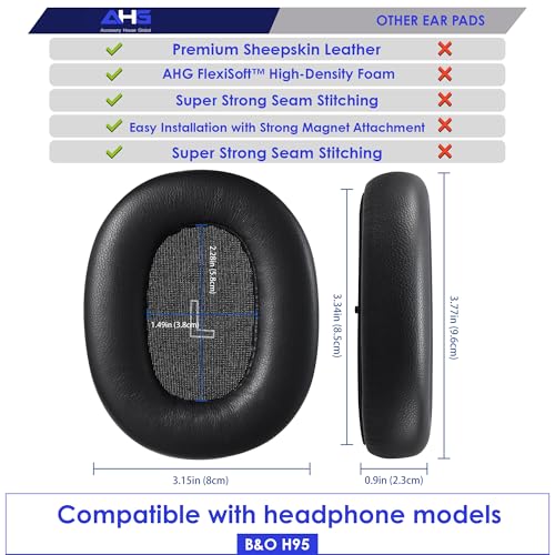 AHG Accessory House Global Upgraded Replacement Beoplay h95 Ear Pads Cushions Compatible with Bang & Olufsen Beoplay H95 Headphones (Black). Sheepskin Leather/High-Density Foam/Strong Magnet - color: Black