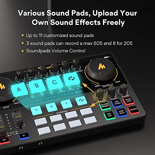 MAONO AME2 Audio Interface Mixer, Podcast Studio Console with XLR Input | 48V phantom power, Bluetooth, 11 custom sound pads, podcast recording, YouTube/TikTok live streaming, PC and XLR mic setup