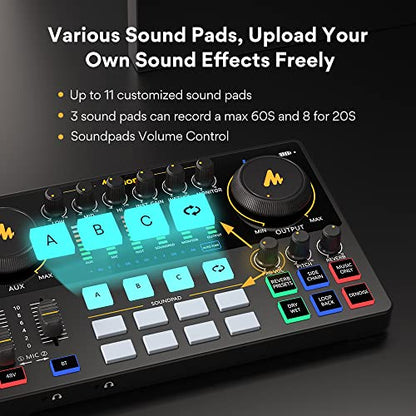 MAONO AME2 Audio Interface Mixer, Podcast Studio Console with XLR Input | 48V phantom power, Bluetooth, 11 custom sound pads, podcast recording, YouTube/TikTok live streaming, PC and XLR mic setup