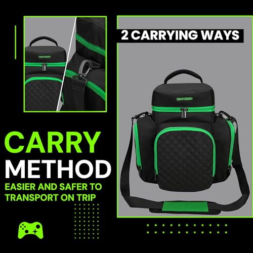 CROTIRAD Carrying Case for Xbox Series X with Multiple Storage Pockets | Water-Resistant Padded Travel Bag with 6 Pouches for Controllers, Headset, Game Discs, Cables, SSDs & Accessories, Green Zip