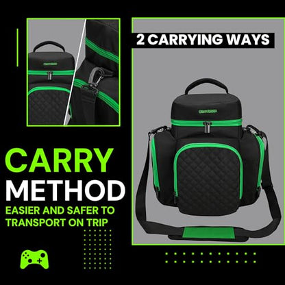 CROTIRAD Carrying Case for Xbox Series X with Multiple Storage Pockets | Water-Resistant Padded Travel Bag with 6 Pouches for Controllers, Headset, Game Discs, Cables, SSDs & Accessories, Green Zip