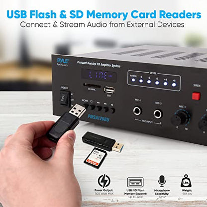 Pyle Public Address Amplifier - 500W Compact Digital Receiver w/ 70V 100V Output, Dual Mic Input, USB-A Input w/ MP3 Player, FM Radio, RCA | Home, Continuous Volume and Commercial | PMSA126BU - style: Wireless Amplifier