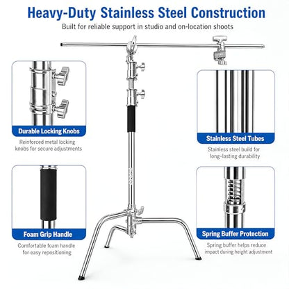 3-Pack Heavy Duty C-Stands Kit, 6.9ft Stainless Steel Stands with 34.6in Boom Arms, 6 Grip Heads and TB-130 Wheeled Rolling Case for Studio Lighting - size: 210CM C Stand 3 Pack with TB-130