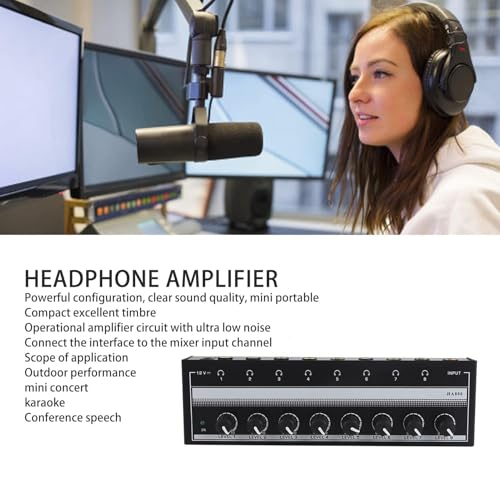 HERCHR Headphone Amplifier 8 Channel Metal Stereo Audio Amplifier, 100 to 240V Portable Headphone Amp with Power Adapter for Studio and Stage
