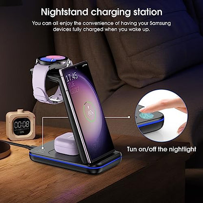 Wireless Charging Station for Samsung/Android, Fast Wireless Watch Charger Station Compatible for Samsung Galaxy S26 Ultra/S25/S24+/Z Flip 7/6 Fold 7/6, Watch8/7/Pro/Active 2 Galaxy Buds3/2 Pro(Black) - color: Black