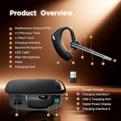 Bluetooth Headset V5.3, Wireless Headset with Dual Noise-Canceling Mics, Portable Charging Case, 300H Standby Time, Hands Free Headphones for PC/Cell Phones, Trucker/Office/Work - color: Black