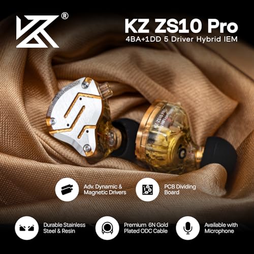 Linsoul KZ ZS10 Pro, 4BA+1DD 5 Driver in Ear Monitor, HiFi Wired Earbuds, Gaming Earbuds, Hybrid IEM Earphones with Stainless Steel Faceplate, Detachable Cable for Musician(Without Mic, Glare Yellow) - color: Glare Yellow, style: Without Mic