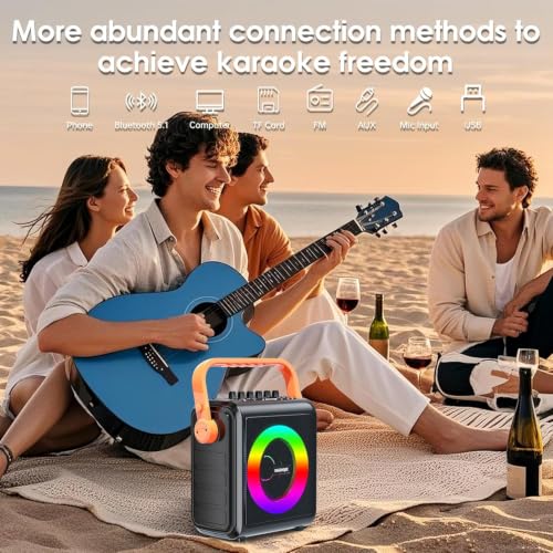 Karaoke Machine with 2 Wireless Microphones for Adults & Kids, 8000mAh Portable Bluetooth Speaker PA System with Lights, Supports AUX in/TF Card/FM/REC, Microphone Speaker Set for Home Party, Outdoor